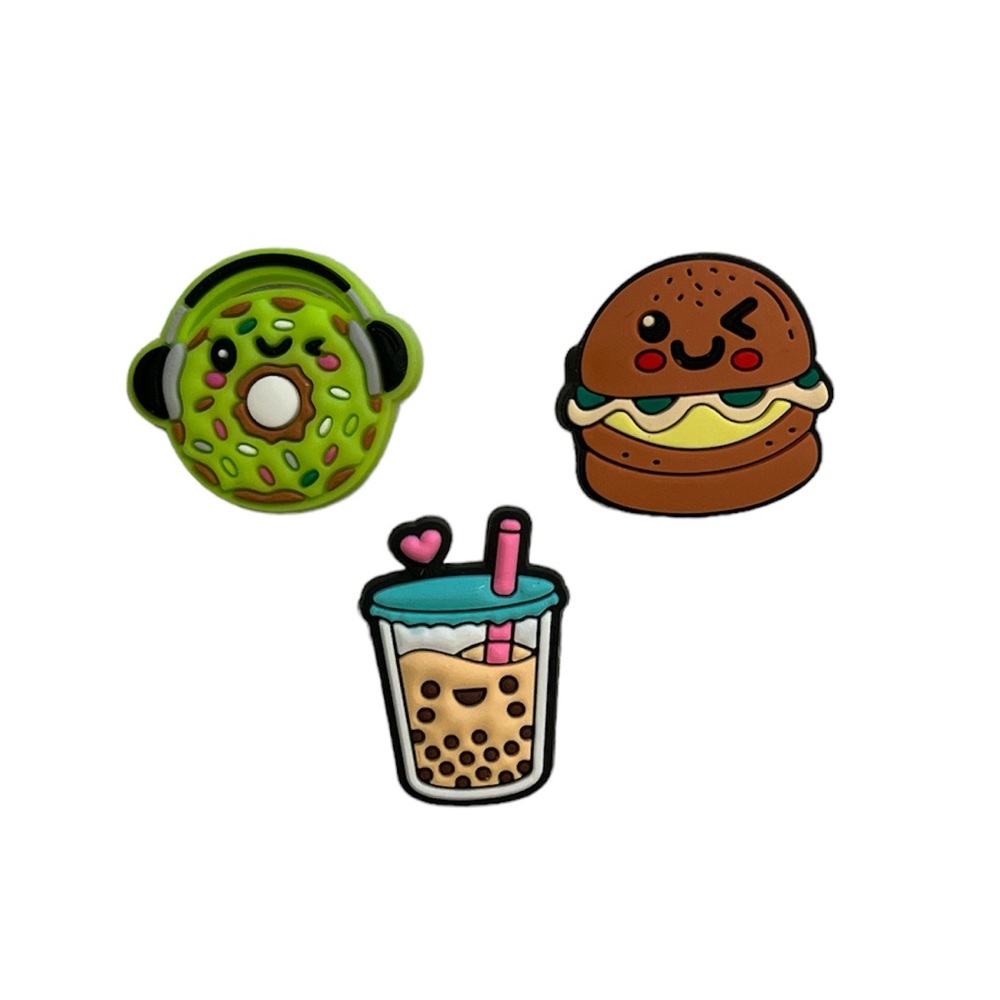 Adorable food character shoe/croc charm 3 piece bundle NEW burger donut boba